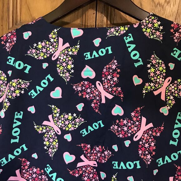 Scrub Studio Top Women's L Navy Butterfly Cotton Poly Pockets V-Neck SS Scrubs - Picture 7 of 10